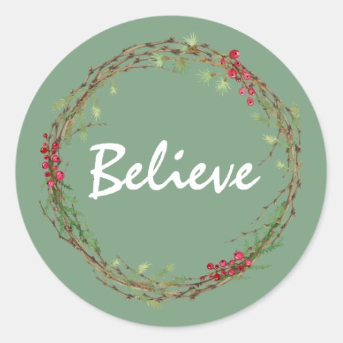 Winter Greenery Berries Wreath Christmas Believe Classic Round Sticker