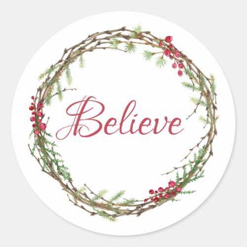 Winter Greenery Berries Wreath Christmas Believe Classic Round Sticker