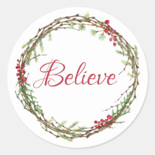 Winter Greenery Berries Wreath Christmas Believe Classic Round Sticker