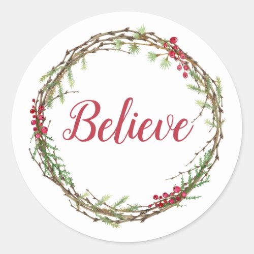 Winter Greenery Berries Wreath Christmas Believe Classic Round Sticker