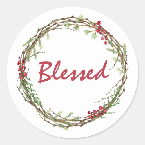 Winter Greenery Berries Wreath Christmas Blessed Classic Round Sticker