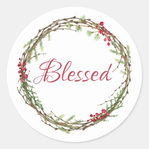 Winter Greenery Berries Wreath Christmas Blessed Classic Round Sticker