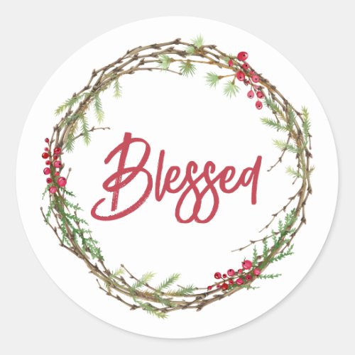 Winter Greenery Berries Wreath Christmas Blessed Classic Round Sticker