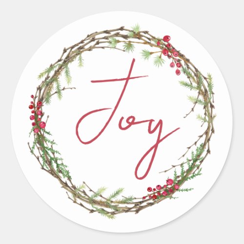 Winter Greenery Berries Wreath Christmas Joy  Classic Round Sticker