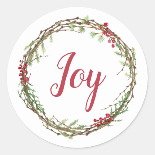 Winter Greenery Berries Wreath Christmas Joy Classic Round Sticker