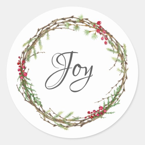 Winter Greenery Berries Wreath Christmas Joy Classic Round Sticker