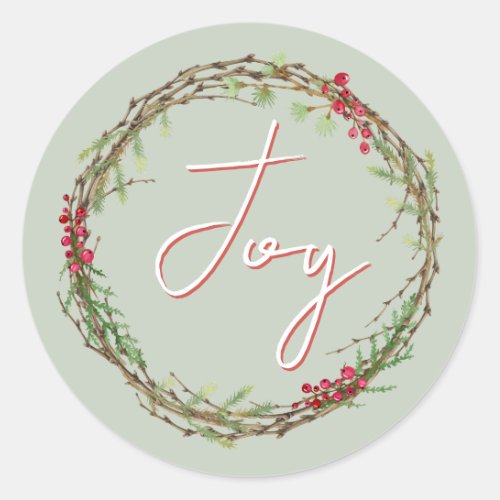 Winter Greenery Berries Wreath Christmas Joy  Classic Round Sticker