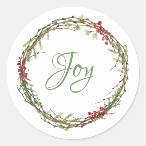 Winter Greenery Berries Wreath Christmas Joy Classic Round Sticker