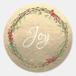 Winter Greenery Berries Wreath Christmas Joy Gold Classic Round Sticker