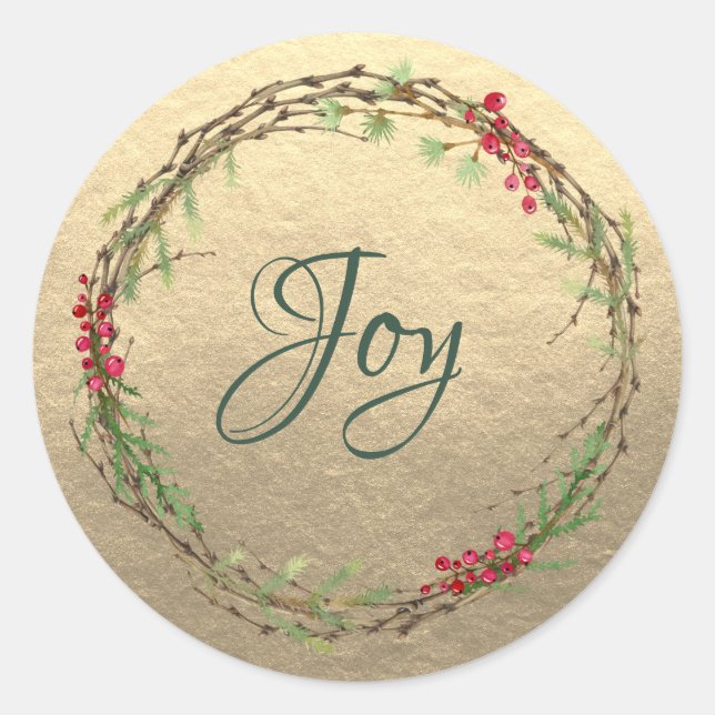 Winter Greenery Berries Wreath Christmas Joy Gold Classic Round Sticker (Front)