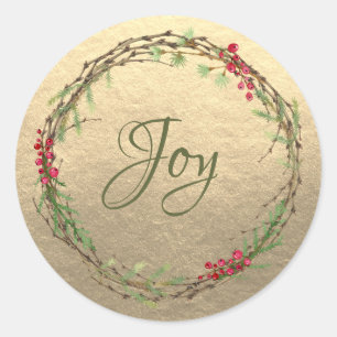 Winter Greenery Berries Wreath Christmas Joy Gold Classic Round Sticker