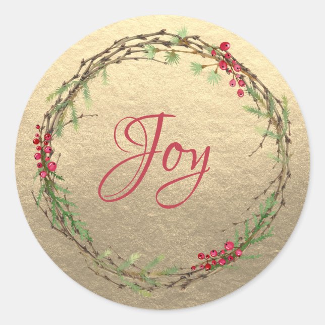Winter Greenery Berries Wreath Christmas Joy Gold Classic Round Sticker (Front)