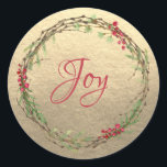 Winter Greenery Berries Wreath Christmas Joy Gold Classic Round Sticker<br><div class="desc">Elegant and modern festive envelope seal or gift sticker for Christmas with the text 'Joy' in red chic script calligraphy and a stylish winter greenery and berries wreath on a champagne gold background. Exclusively designed for you by Happy Dolphin Studio. If you need any help or matching products please contact...</div>