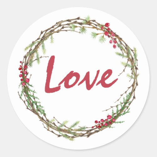 Winter Greenery Berries Wreath Christmas Love Classic Round Sticker