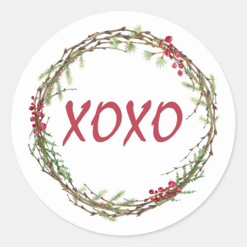 Winter Greenery Berries Wreath Christmas XOXO Classic Round Sticker