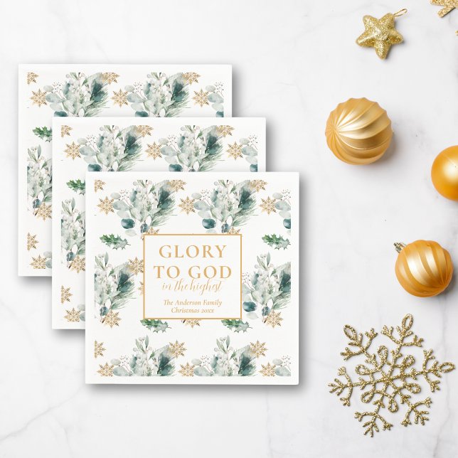 Winter Greenery Bible Verse Religious Christmas Napkins (Religious Christmas Glory to God cocktail napkins with winter greenery)