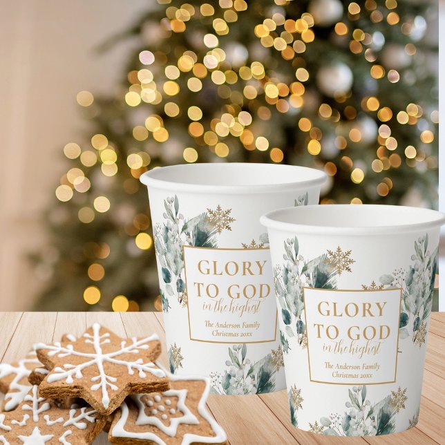 Winter Greenery Bible Verse Religious Christmas Paper Cups (Religious Chistmas paper cups with Glory to God Bible verse and winter greenery.)