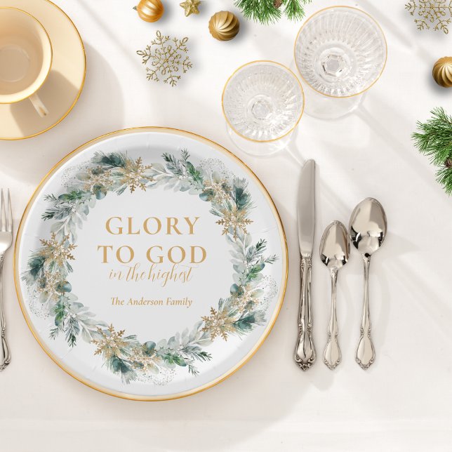 Winter Greenery Bible Verse Religious Christmas Paper Plates (Religious Christmas paper plate with Glory to God Bible verse and winter greenery)