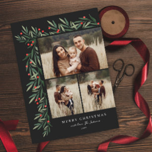 Winter Greenery Black 3 Photo Christmas Holiday Card
