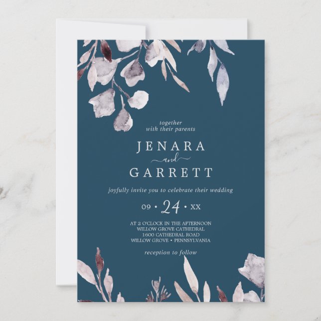 Winter Greenery | Blue Casual Wedding Invitation (Front)
