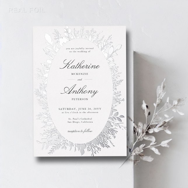 Winter Greenery Boho Frame Elegant White Wedding Foil Invitation (winter greenery white wedding elegant modern classic invitation romantic boho frame calligraphy)