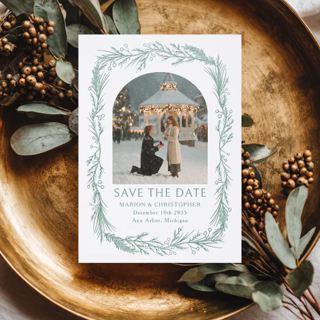 A Save the Date card with both digital printing on the framed design and the image, paired with letterpress printing on the text.