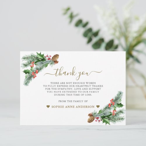 Winter Greenery Bouquet Photo In Loving Memory  Thank You Card