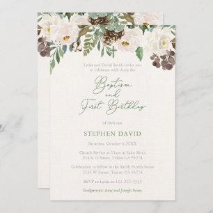 Winter Greenery Boy Baptism 1st Birthday Party Invitation