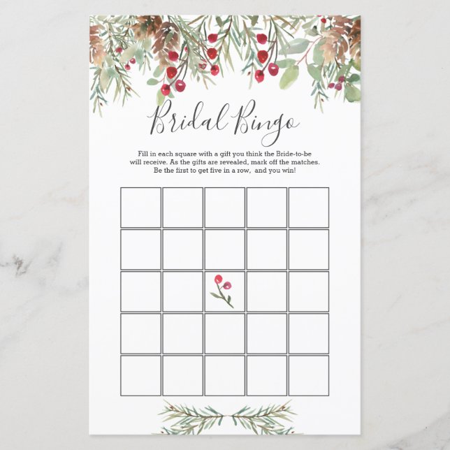 Winter Greenery Bridal Bingo Game  Paper Sheet (Front)