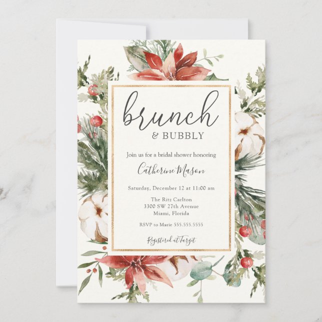 Winter Greenery Brunch and Bubbly Bridal Shower Invitation (Front)