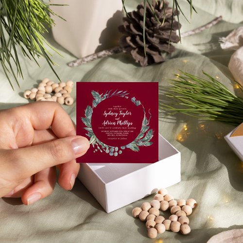 Winter Greenery Burgundy Casual Wedding  Invitation