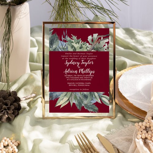 Winter Greenery Burgundy Formal Wedding  Invitation