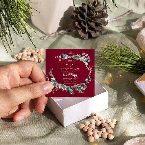 Winter Greenery Burgundy Informal Wedding  Invitation