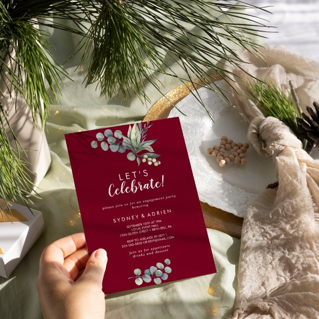 Winter Greenery Burgundy Let's Celebrate Party  Invitation (Creator Uploaded)