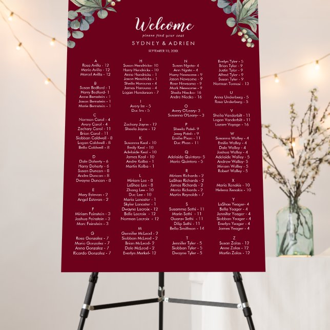 Winter Greenery Burgundy Seating Chart Foam Board (In Situ (Stand))