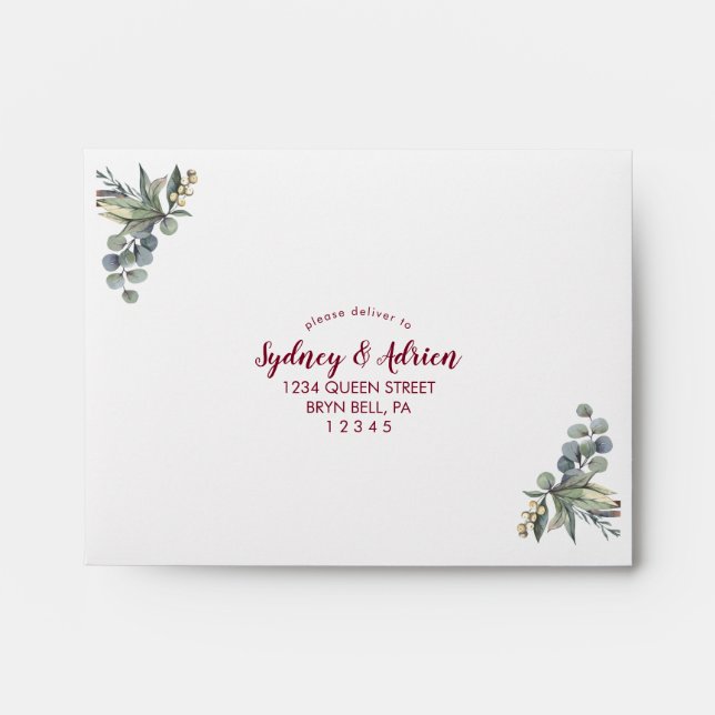 Winter Greenery Burgundy Self-Addressed RSVP   Envelope (Front)