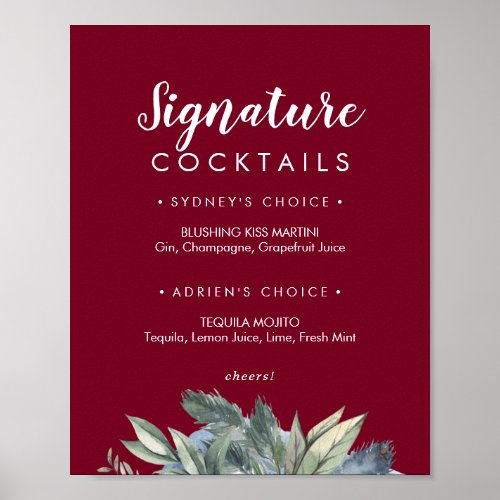 Winter Greenery Burgundy Signature Cocktails Sign