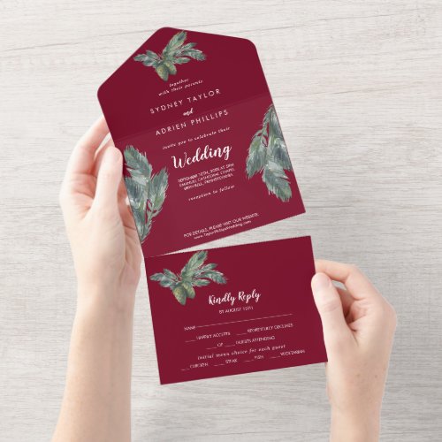 Winter Greenery Burgundy Wedding All In One Invitation