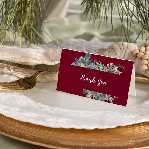 Winter Greenery Burgundy Wedding Thank You Card