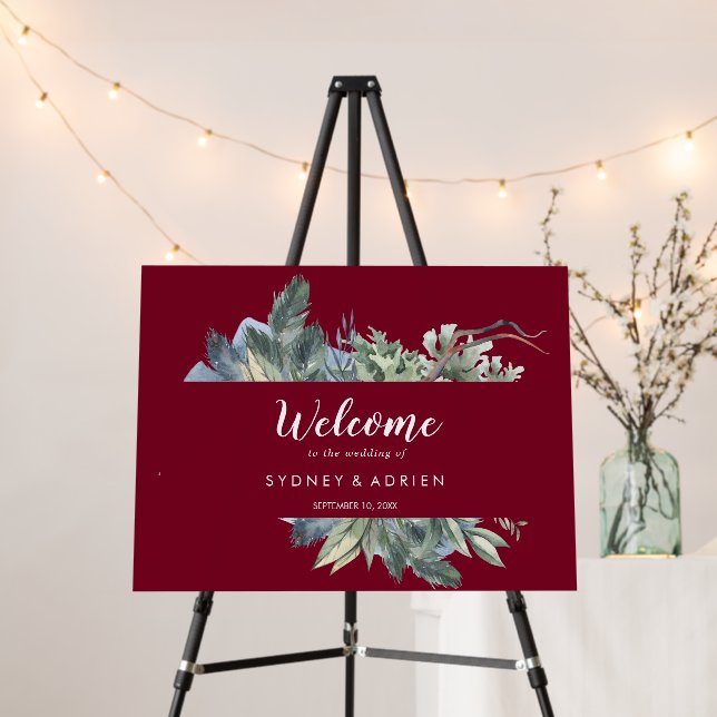 Winter Greenery Burgundy Wedding Welcome   Foam Board (In Situ (Stand))