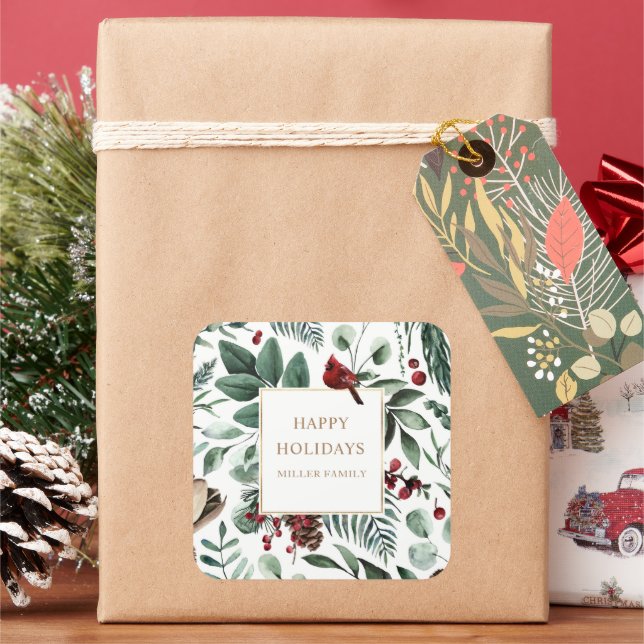 Winter Greenery Cardinal Happy Holidays Monogram Square Sticker (Holiday)