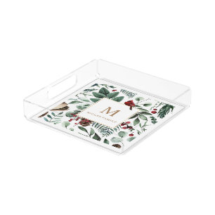 Winter Greenery Cardinal Holiday Monogram Acrylic Tray