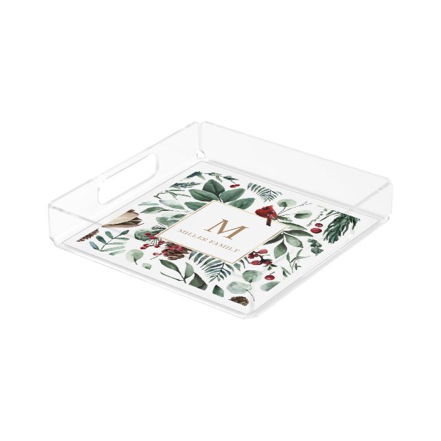 Winter Greenery Cardinal Holiday Monogram Acrylic Tray (Angled)