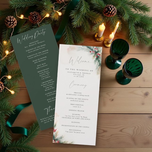Winter Greenery Christmas Green Wedding Program (Creator Uploaded)