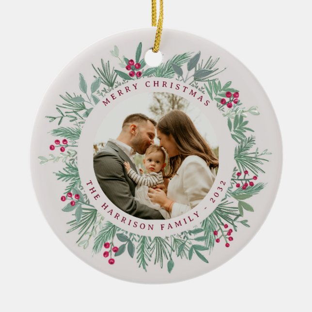 Winter Greenery Christmas Photo Wreath Ornament (Front)