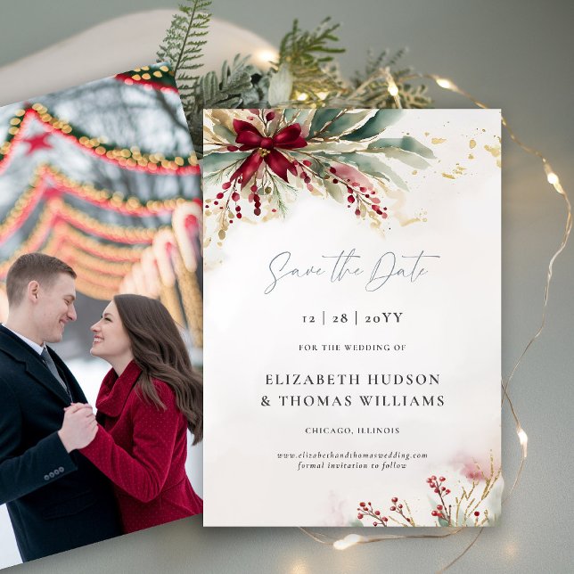Winter Greenery Christmas Red Bow Wedding Save The Date (winter wedding save the date christmas bow greenery berries watercolor elegant modern photo template)