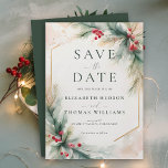 Winter Greenery Christmas Red Elegant Wedding Save The Date<br><div class="desc">This Christmas, winter wedding save the date card embodies rustic elegance with its enchanting watercolor design, featuring a botanical frame of red berries and winter greenery in a bohemian botanical arrangement. Perfect for couples who love art and unique designs, elegant country rustic, bohemian, and romantic themes, this save the date...</div>
