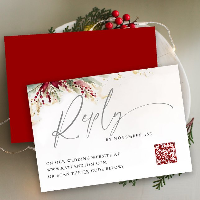 Winter Greenery Christmas Red Green QR Reply Card (winter wedding christmas bow greenery berries watercolor rsvp card meal elegant modern qr code)