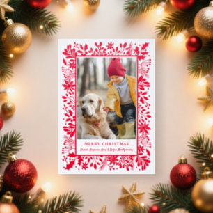 Winter Greenery Christmas Red Letterpress Photo Cards