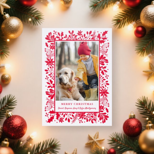 Winter Greenery Christmas Red Letterpress Photo Cards (Insitu)